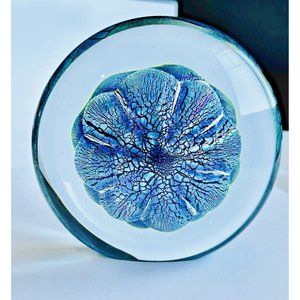Robert Eickholt 1998 Art Glass Dichroic Iridescent Blue Ocean Disk Paperweight